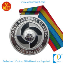 Heißer Verkauf kundengebundener Zink-Legierungs-Stempeln 3D versilberende Baseball-Medaille mit Band